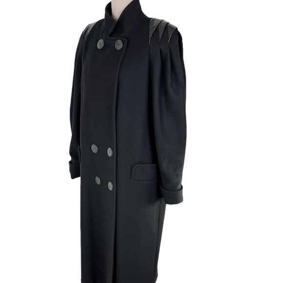 Dark Navy Wool Blend Coat Size 8 Leather Accents Lined Double Breast Long Vtg - Picture 1 of 15